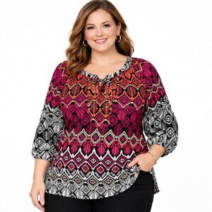 Catherines Multicolor Geometric Print Half Sleeve Peasant Blouse Women 2X